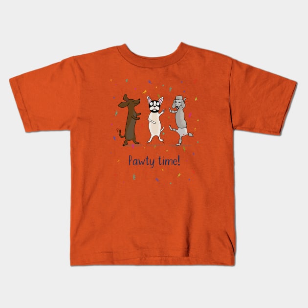 Dancing Dogs | Pug | Poodle | Daschund | Sausage Dog | Pawty Time! Kids T-Shirt by Maddybennettart